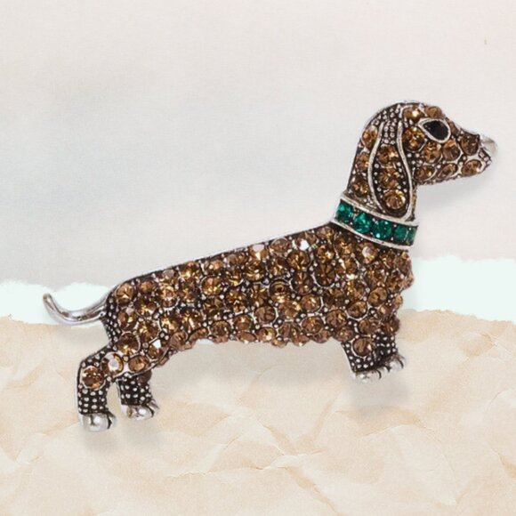 Set of 2 NEW Pets Dachshund Dog Breed Rhinestone Bling CZ Collar Brooches Pins - Picture 2 of 6